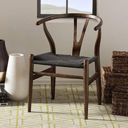 2xhome Espresso Wishbone Wood Armchair with Arms Open Y Back Dining Chair Woven Black Seat