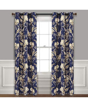 Lush Decor, Navy and Taupe Farmhouse Bird and Flower Insulated Grommet Blackout Window Curtain Panel Pair, 95 x 38, 95 in x 38