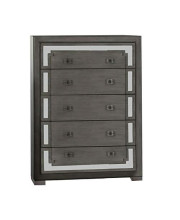 Benjara , Gray and Clear Contemporary Wood and Mirror Chest with Five Drawers