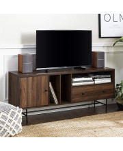 Walker Edison Modern Wood TV Stand with Record Storage for TV's up to 65" Flat Screen Universal TV Console Living Room Storage Cabinet Doors Shelves Entertainment Center, 60 Inch, Dark Walnut