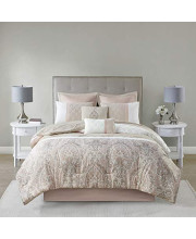 510 Design Cozy Comforter Set - Transitional Damask Design, All Season Down Alternative Bedding with Matching Shams, Decorative Pillow, Shawnee-Blush Queen(90x90) 8 Piece