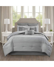 510 Design Cozy Comforter Set - Transitional Damask Design, All Season Down Alternative Bedding with Matching Shams, Decorative Pillow, Ramsey-Grey Queen(90x90) 8 Piece
