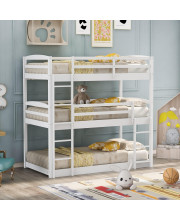 Merax Twin Triple Bunk Bed, Wood Twin Size Triple Bed Frame with guard Rail and Ladder, can be Divided into 3 Separate Beds (Triple Bed, White)