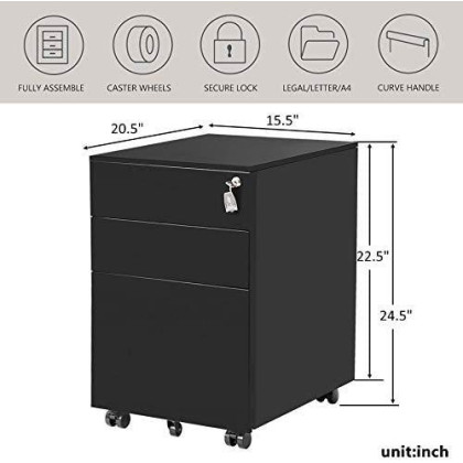 3 Drawer File Cabinet, Merax Mobile Metal Pedestal Filing Cabinets with Key, Lockable File Organizer for A4 Legal Letter Size Files, 5 Rolling Casters, Fully Assembled for Home Office Business (Black)