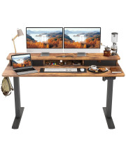 FEZIBO Height Adjustable Electric Standing Desk with Double Drawer, 55 x 24 Inch Stand Up Table with Storage Shelf, Sit Stand Desk with Splice Board, Black Frame/Rustic Brown Top