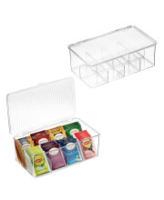 2 Pack Stackable Plastic Tea Bag Organizer - Storage Bin Box for Kitchen Cabinets, Countertops, Pantry - Holds Beverage Bags, Cups, Pods, Packets, Condiment Accessories Holder
