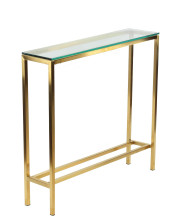 Cortesi Home Julie Console Table, Skinny 28" x 8", Brushed Gold Color with Clear 10mm Glass