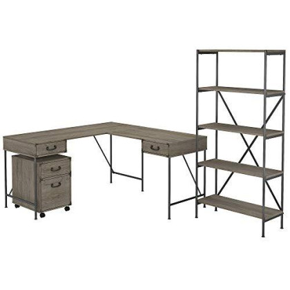 Bush Furniture Ironworks L Shaped Writing Desk with Mobile File Cabinet and 5 Shelf Bookcase, 60W, Restored Gray