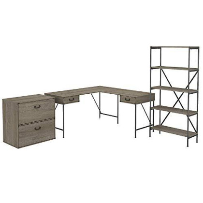 Bush Furniture Ironworks L Shaped Writing Desk with Lateral File Cabinet and 5 Shelf Bookcase, 60W, Restored Gray
