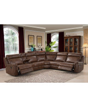 AC Pacific Clark Contemporary 6-Piece Upholstered Living Room Sectional Set with 3 Power Recliners, a Storage Console, and 2 Cup Holders, Pecan Brown