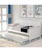 Merax Twin Size Wood Daybed with Twin Size Trundle, Wooden Trundle Daybed, Sofa Bed for Teens and guests, No Box Spring Needed, White