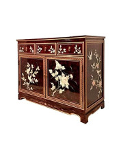 40" French Red Lacquer Oriental Buffet with Mother of Pearl Bird and Flower Artwork by Oriental Furniture Warehouse