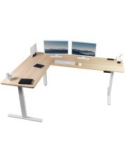 VIVO Electric Height Adjustable 83 x 60 inch Corner Stand Up Desk, 2 Light Wood Solid Table Tops, White Frame, L-Shaped Standing Workstation, DESK-KIT-3E8C