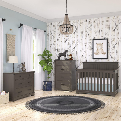 Child Craft Redmond 3-Piece Baby Nursery Set with 4-in-1 Convertible Crib, 3-Drawer Dresser, and 4-Drawer Chest, Dapper Gray