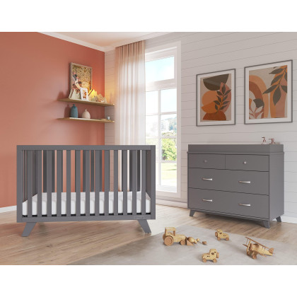 Child Craft SOHO 2 Piece Nursery Furniture Set, 4-in-1 Convertible Crib and Changing Table 3 Drawer Dresser (Cool Gray)