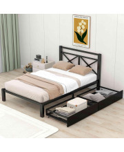 ATY Twin Size Platform Bed with 2 Drawers, Steel Metal Bedframe w/ Headboard, Save Space Design, No Spring Box Needed, for Kids, Adults, Bedroom, Guestroom, Dorm, Black