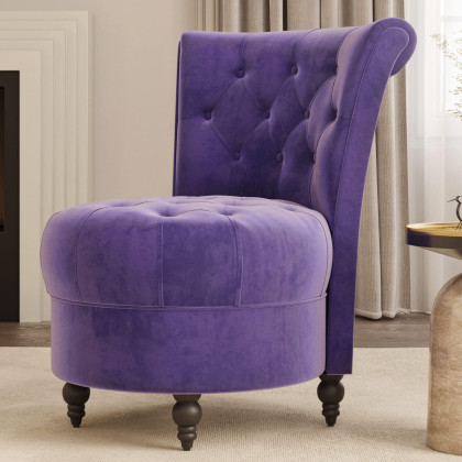 BELLEZE Throne Royal Chair, Button-Tufted Accent Chair, Upholstered Velvet Chair, Low Back Armless Chair with Thick Padding and Rubberwood Legs - Malik (Purple)