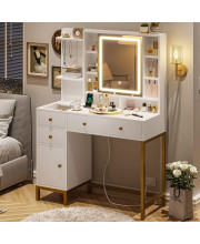 VIAGDO Makeup Vanity with Lights, Vanity Desk with Openable Mirror & 3-Color Dimmable, White Vanity Table with Charging Station, Makeup Desk with Visual Drawer, Hooks, Hidden and Open Storage Shelves