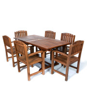 7-Piece Twin Butterfly Leaf Teak Extension Table Dining Chair Set with Red Cushions