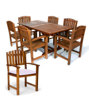 7-Piece Twin Butterfly Leaf Teak Extension Table Dining Chair Set with Royal White Cushions