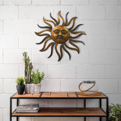 35 Inch Round Hanging Metal Sun Wall Art Decor with Facial Details, Bronze