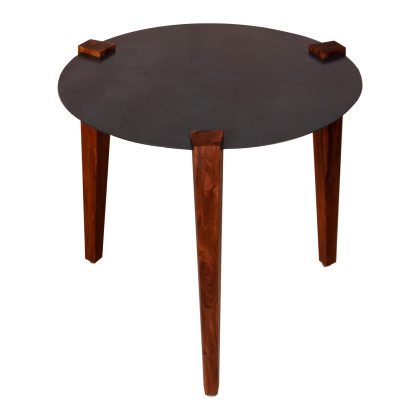 24 Inch Artisanal Round End Side Table, Aluminum Top, Tapered Acacia Wood Legs, Black, Warm Brown