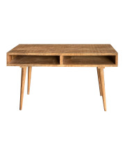 48 Inch Minimalist Mango Wood Desk, 2 Compartments, Splayed Legs, Weathered Oak Brown