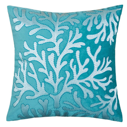 20 X 20 Inches Accent Pillow with Coral Embroidery, Set of 2, Teal Blue and White