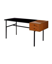 2 Drawer Desk with Wooden Table Top and Metal Frame, Black and Brown