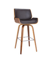 26" Mid-Century Swivel Counter Height Barstool in Brown Faux Leather with Walnut Veneer
