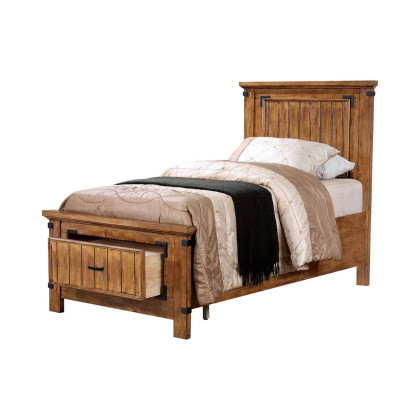 1 Drawer Twin Bed with Plank Detailing and Metal Accents, Brown