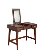 2 Drawer Vanity Desk with Flip Top Mirror and Tapered Legs, Walnut Brown