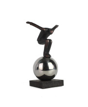 12 Inches Balancing Man Sculpture on Sphere, Bronze and Silver