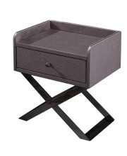 1 Drawer Wooden Nightstand with X Shaped Metal Base, Gray and Chrome