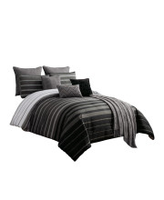 10 Piece King Polyester Comforter Set with Striped Details, Black and Gray