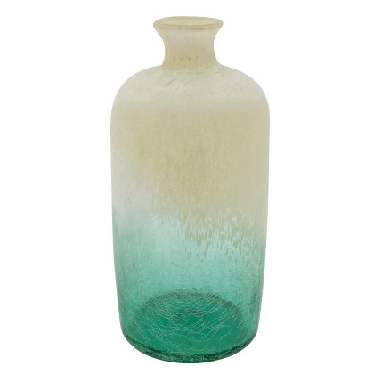 16 Inches Frosted Glass Vase with Crackled Design, Beige and Green
