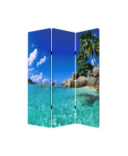 3 Panel Foldable Canvas Screen with Exotic Oceanside Print, Multicolor