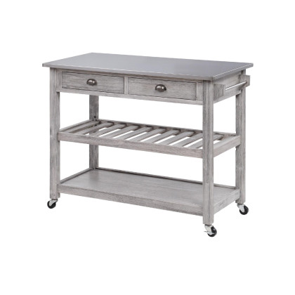 Amber 45 Inch Kitchen Island Bar Cart, 2 Drawers, 2 Shelves, Stainless Steel Top, Light Gray