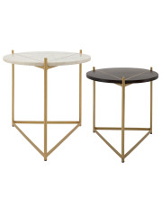 22 Inch Modern 2 Tone Coffee Table, Marble Tabletops, Set of 2, Gold