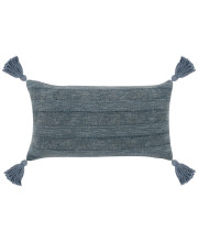 14 x 26 Lumbar Throw Pillow, Handwoven Stripes, Cotton Linen, Tassels, Blue
