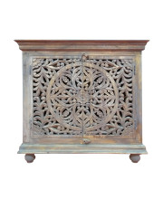 17 Inch Cabinet with 2 Doors and Filigree Cutout Front, Brown