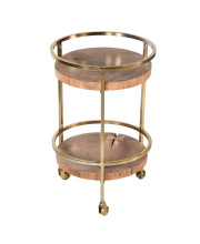 2 Tier Industrial Bar Cart with Live Edge Wooden Shelves and Metal Frame, Brown and Brass