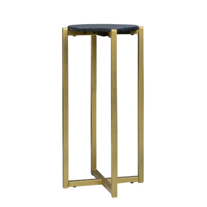 Ivy 24.5 Inch Marble Top Accent Round Side Table with Metal Frame, Black and Gold