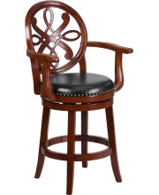 26'' High Cherry Wood Counter Height Stool with Arms, Carved Back and Black LeatherSoft Swivel Seat