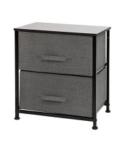 2 Drawer Wood Top Black Nightstand Storage Organizer with Cast Iron Frame and Dark Gray Easy Pull Fabric Drawers