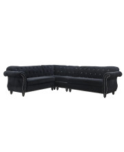 101 X 124 X 37 Black Velvet Upholstery Wood Leg Sectional Sofa