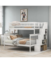 White Twin Over Full Farmhouse Style Bunk Bed with Staircase
