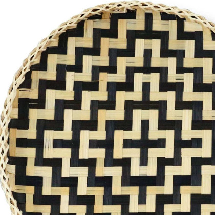 13 Black And Natural Round Wicker Geometric Handmade Tray With Handles