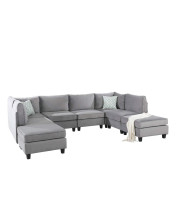 Lilola Home Zelmira Gray Velvet Fabric 8Pc Modular Reversible L Shape Corner Sectional Sofa Couch with Two Ottomans