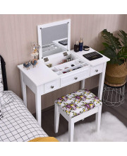 CHARMAID Makeup Vanity Desk with Flip Top Mirror and 3 Drawers, 7 Storage Compartments, White Writing Desk Dressing Table Vanity Set with Cushioned Stool for Kids Girls Women, Easy Assembly